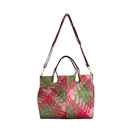 Woven Pink & Green Tote Bag, Adjustable Detachable Strap, Casual/Professional - Picture 3 of 10